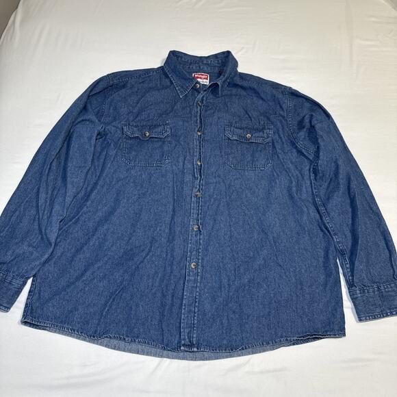 Vintage Wrangler Mens XL Denim Work Shirt Long Sleeves Button Up Blue Cotton - Picture 1 of 11